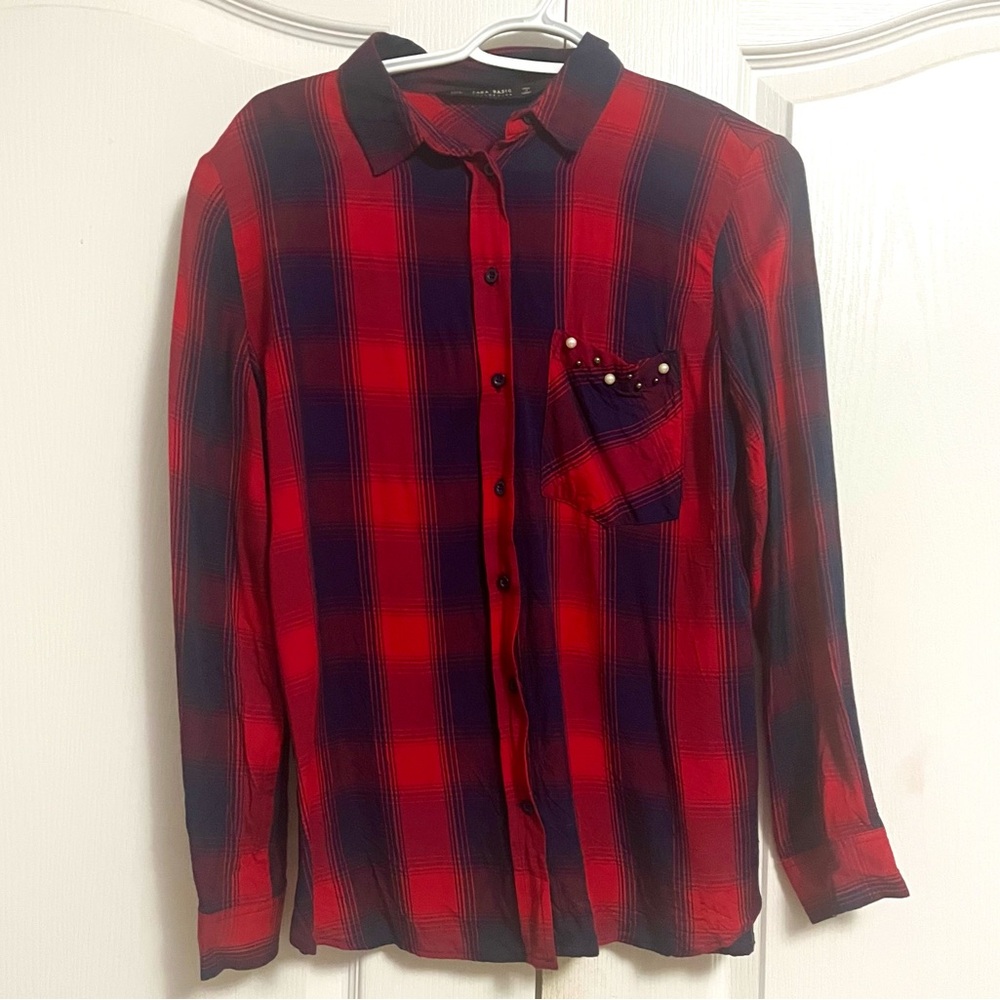NWOT Red/Navy Plaid Flannel Button Down with Beaded Pocket